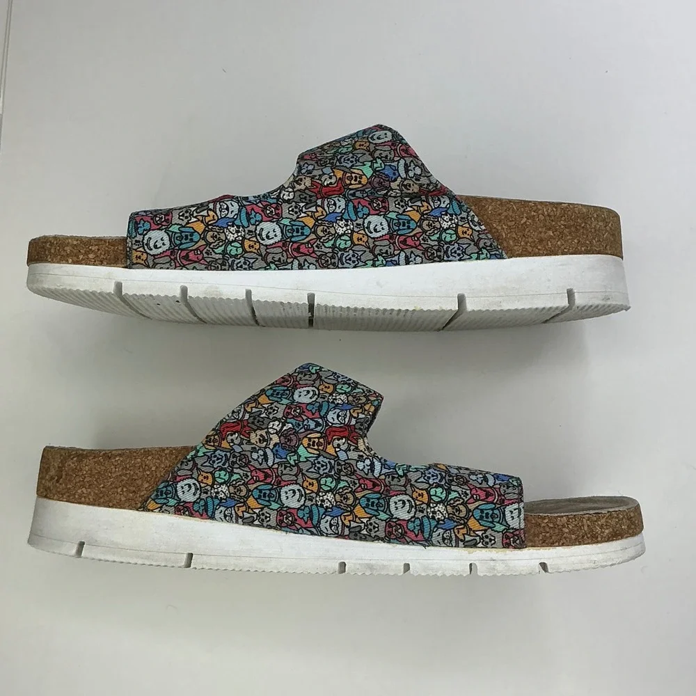 BOBS Skechers Multicolor Dog Print Slide Sandals Kids Size 7 Memory Foam Buckle